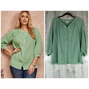 J Jill Button Up Blouse Top Size Small Green White Stripe Gauze 100% Cotton